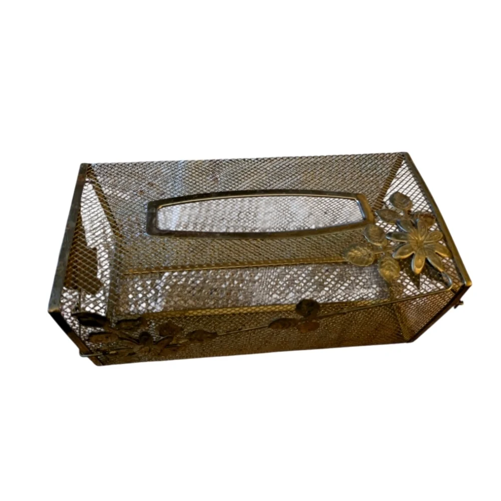 Gold Mesh Bathroom Tissue Box Floral Hollywood Regency Retro Vintage Oblong